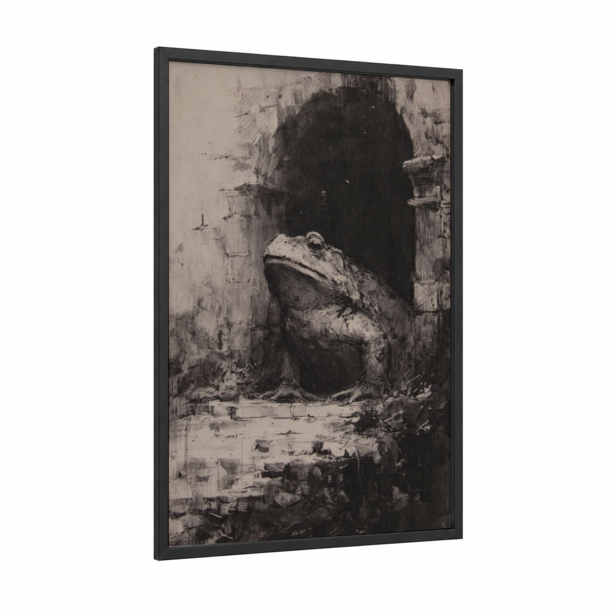 Archway Toad framed frogs and toads print — black wood frame — black and white and gray palette