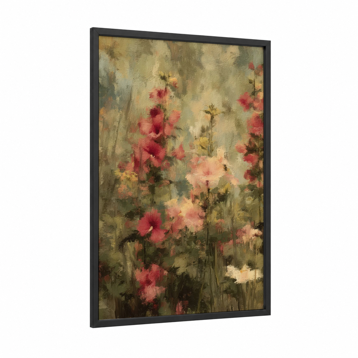 Crimson Hibiscus Garden framed art print — black wood frame — salmon pink and gold palette