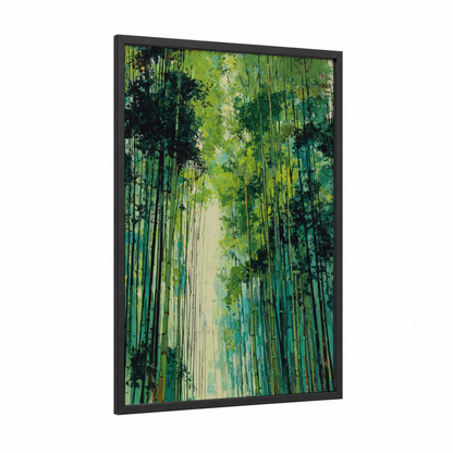 Emerald Bamboo Forest framed bamboo jungle print — black wood frame — green and light green palette
