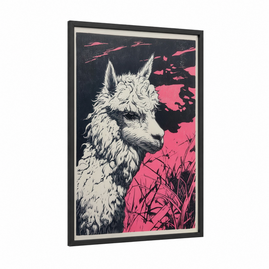 Neon Alpaca framed art print — black wood frame — black and white and magenta palette