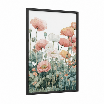 Pastel Poppy Field framed poppies print — black wood frame — peach and sage green palette