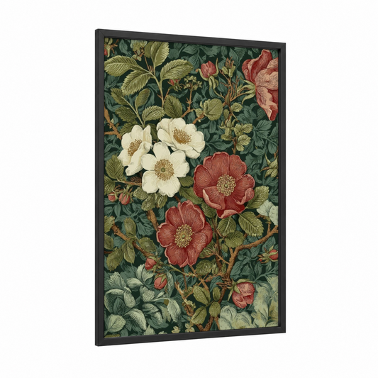 Romantic Garden Peonies framed flower field print — black wood frame — dark green and maroon palette