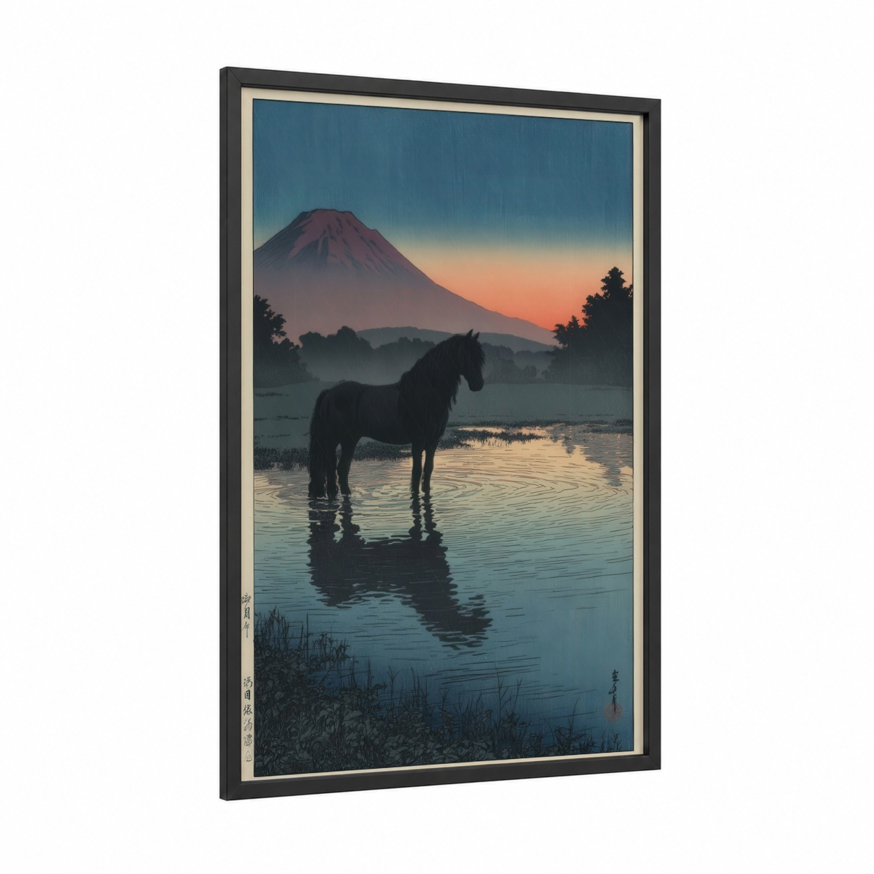 Mountain Friesian framed friesian horse print — black wood frame — blue and gold palette