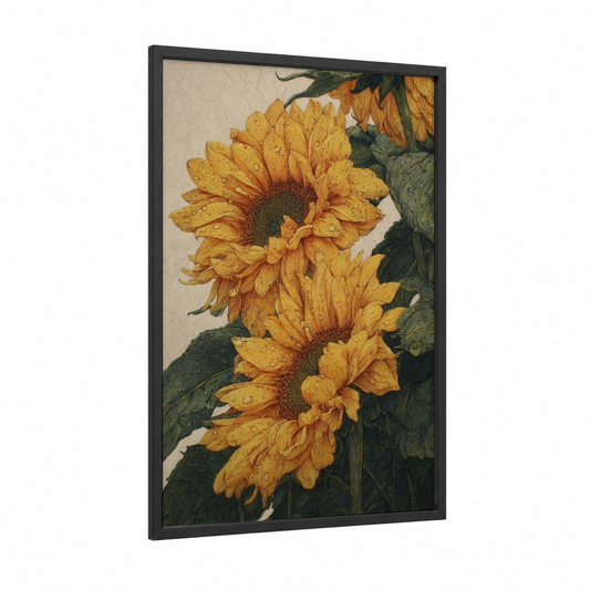 Golden Sunflower Trio framed sunflower field print — black wood frame — yellow gold and dark green palette