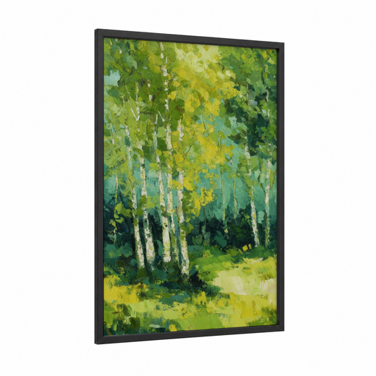 Sunlit Birch Forest framed art print — black wood frame — light green and yellow gold palette