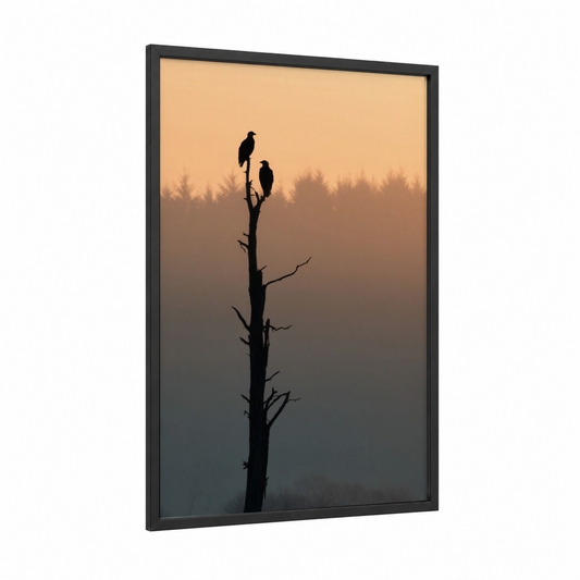 Misty Eagle Vigil framed art print — black wood frame — black and gold and gray palette