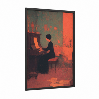 Crimson Piano Solitude framed art print — black wood frame — orange and gray palette