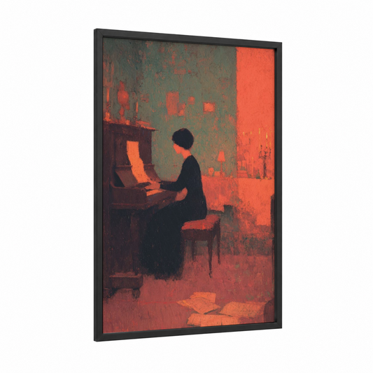 Crimson Piano Solitude framed art print — black wood frame — orange and gray palette