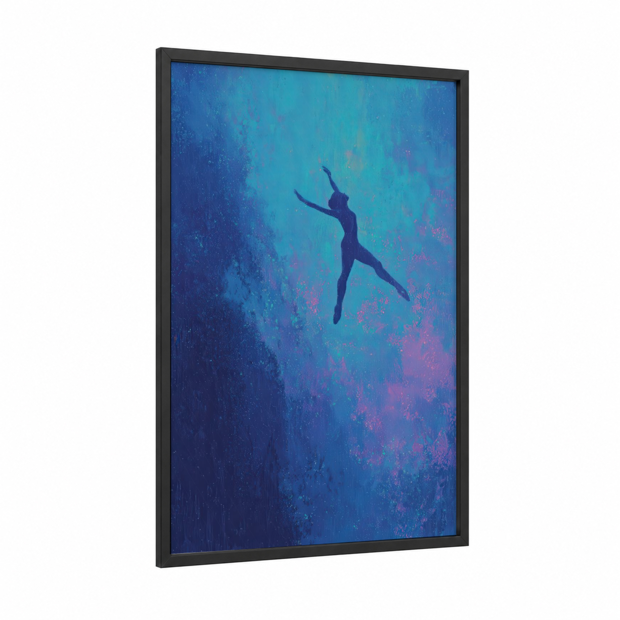Graceful Leap framed gymnastics print — black wood frame — blue and magenta palette
