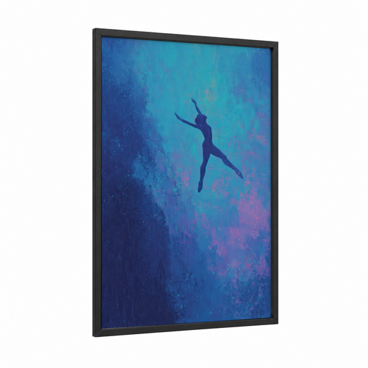 Graceful Leap framed gymnastics print — black wood frame — blue and magenta palette