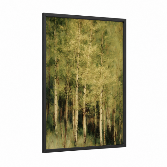 Golden Aspen Grove framed aspen forest print — black wood frame — light green and gold and white palette