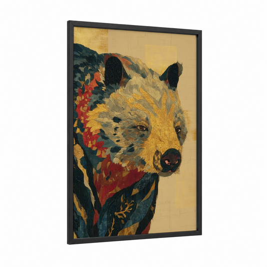 Golden Wombat framed art print — black wood frame — yellow gold and maroon palette