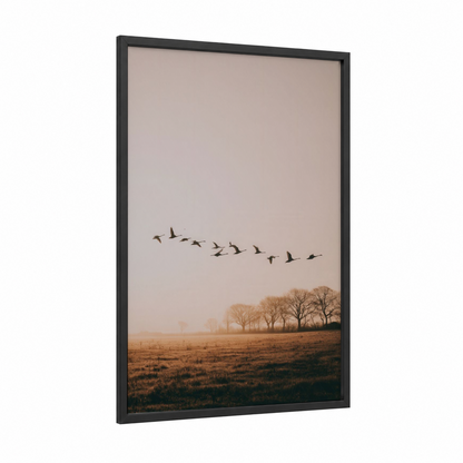 Migrating Swans framed art print — black wood frame — beige and gray palette
