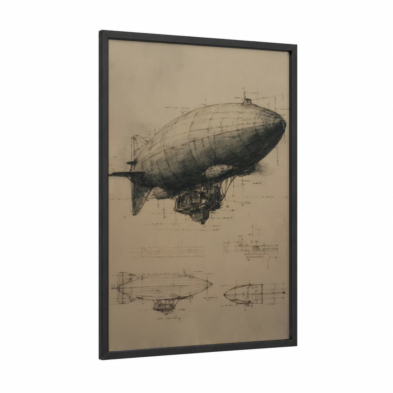 Steampunk Airship framed art print — black wood frame — beige and black palette
