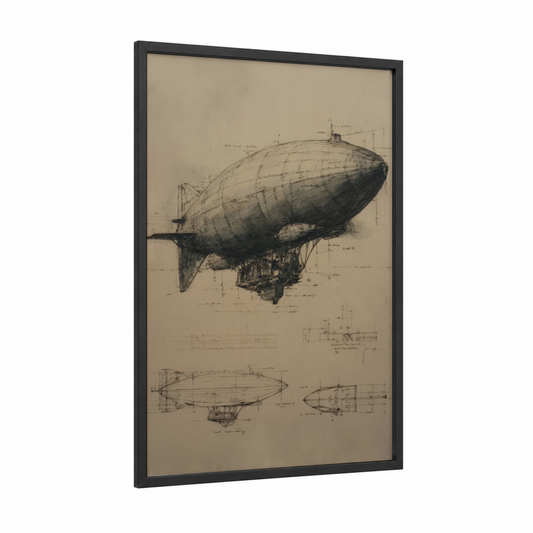 Steampunk Airship framed art print — black wood frame — beige and black palette