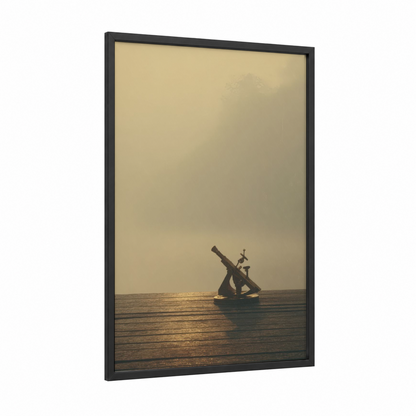 Golden Horizon Sextant framed art print — black wood frame — gold and black and white palette