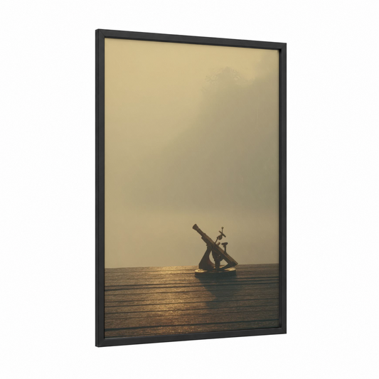 Golden Horizon Sextant framed art print — black wood frame — gold and black and white palette