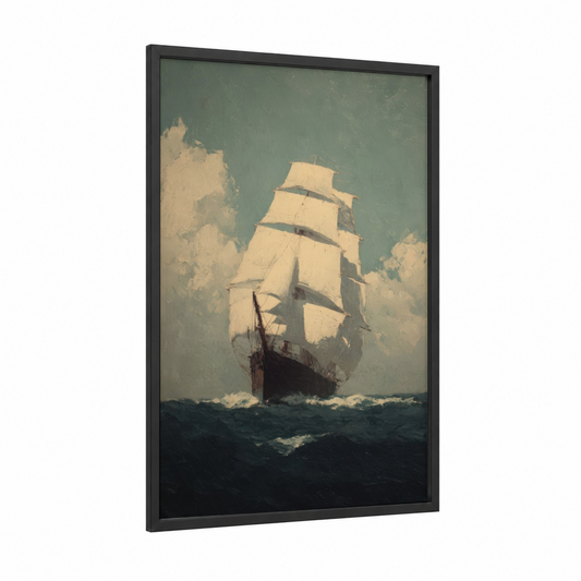Majestic Sailship framed old ships print — black wood frame — cream and dove gray palette
