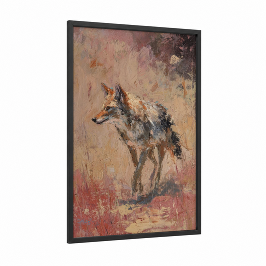 Desert Coyote framed art print — black wood frame — russet and nobel palette