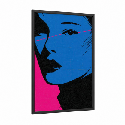 Neon Gaze framed make up print — black wood frame — blue and magenta palette