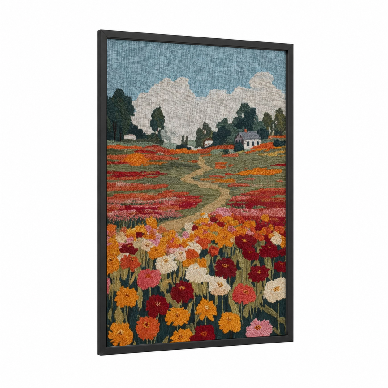 Vibrant Poppy Field framed flower field print — black wood frame — red and orange palette