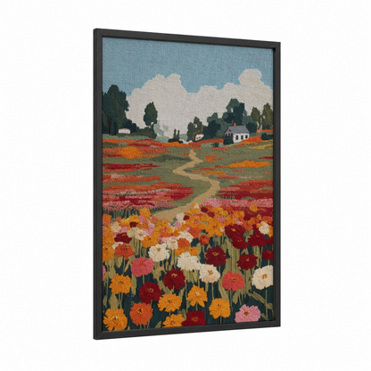 Vibrant Poppy Field framed flower field print — black wood frame — red and orange palette