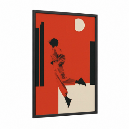 Urban Runner framed street dance print — black wood frame — red and black and white palette