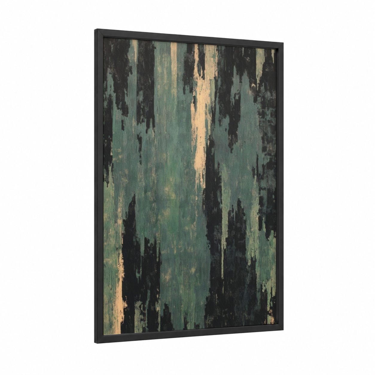 Verdant Erosion framed abstract expressionism print — black wood frame — dark green and black palette