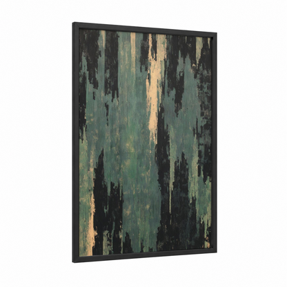 Verdant Erosion framed abstract expressionism print — black wood frame — dark green and black palette
