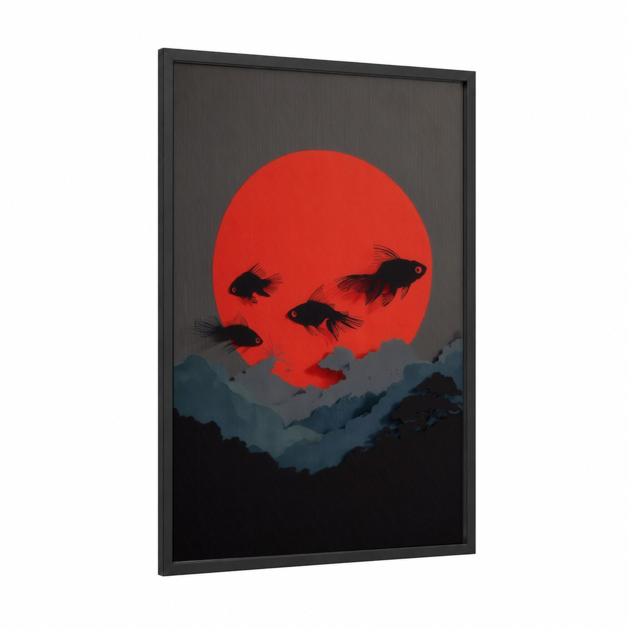 Crimson Moon Goldfish framed art print — black wood frame — red and black and white palette