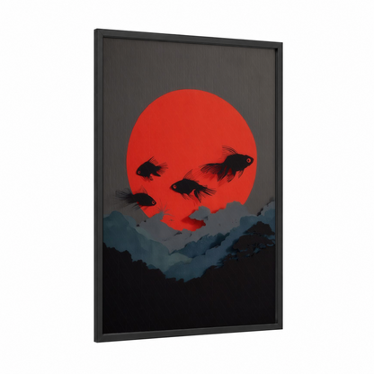 Crimson Moon Goldfish framed art print — black wood frame — red and black and white palette