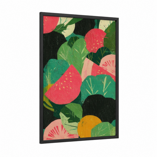 Vibrant Salad Garden framed art print — black wood frame — red and true green palette