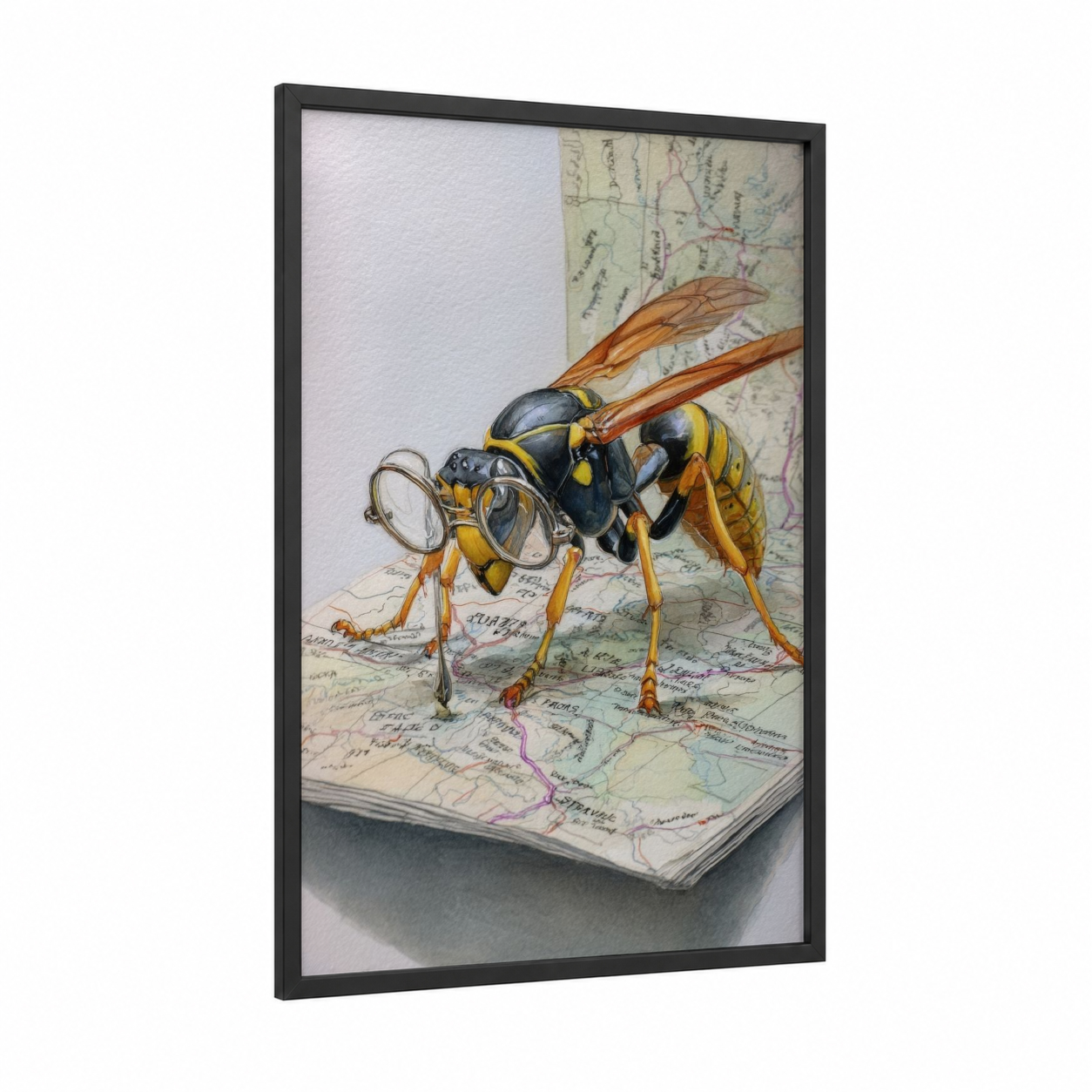 Map Explorer Wasp framed art print — black wood frame — gold and black and white palette