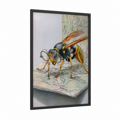 Map Explorer Wasp framed art print — black wood frame — gold and black and white palette