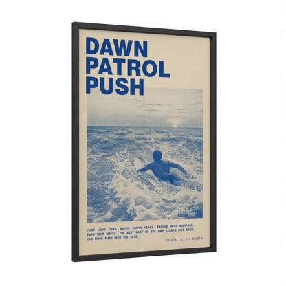Dawn Surfer Ocean Waves Wall Art framed surfing print — black wood frame — blue and cream palette