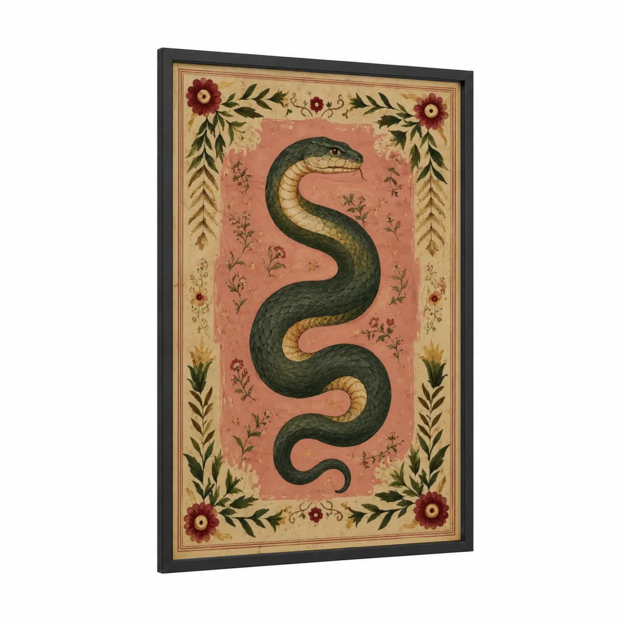 Vintage Snake with Floral Border Wall Art framed art print — black wood frame — peach and dark green palette