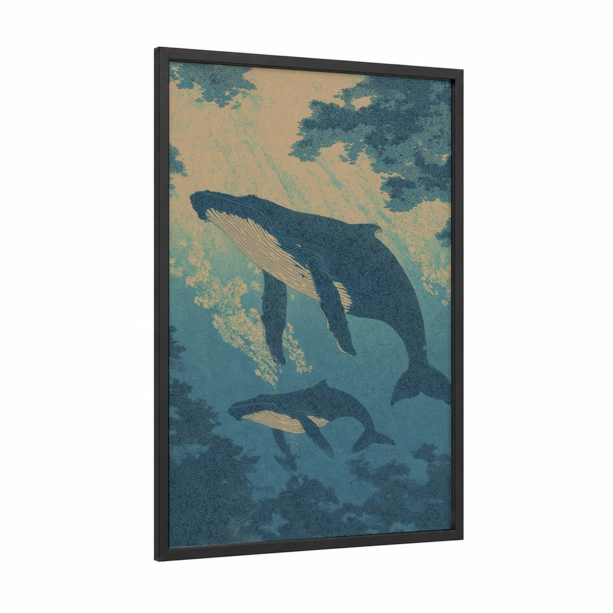 Humpback Whale Pair framed art print — black wood frame — teal and champagne gold palette