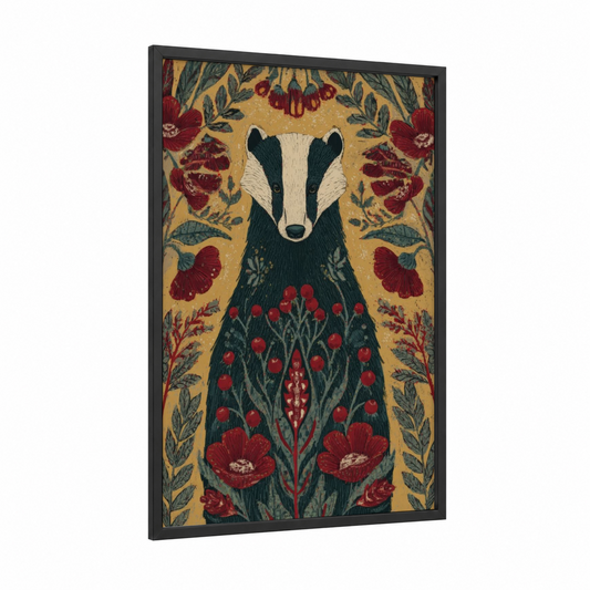 Floral Badger framed art print — black wood frame — gold and maroon palette