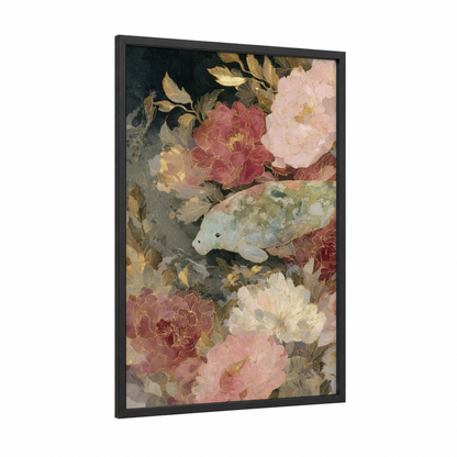 Floral Manatee framed manatees print — black wood frame — rose gold and cream palette