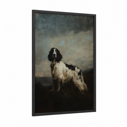 Noble Spaniel Portrait framed art print — black wood frame — black and white and gray palette