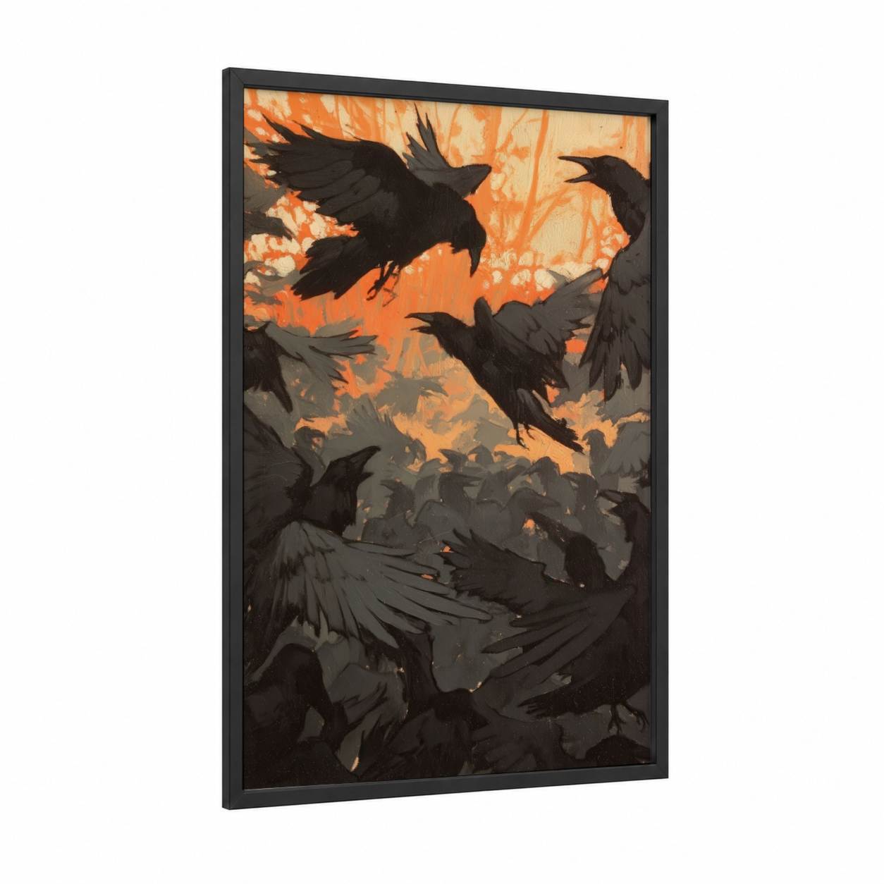 Inferno Ravens framed crows and ravens print — black wood frame — orange and black palette