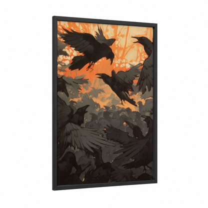 Inferno Ravens framed crows and ravens print — black wood frame — orange and black palette