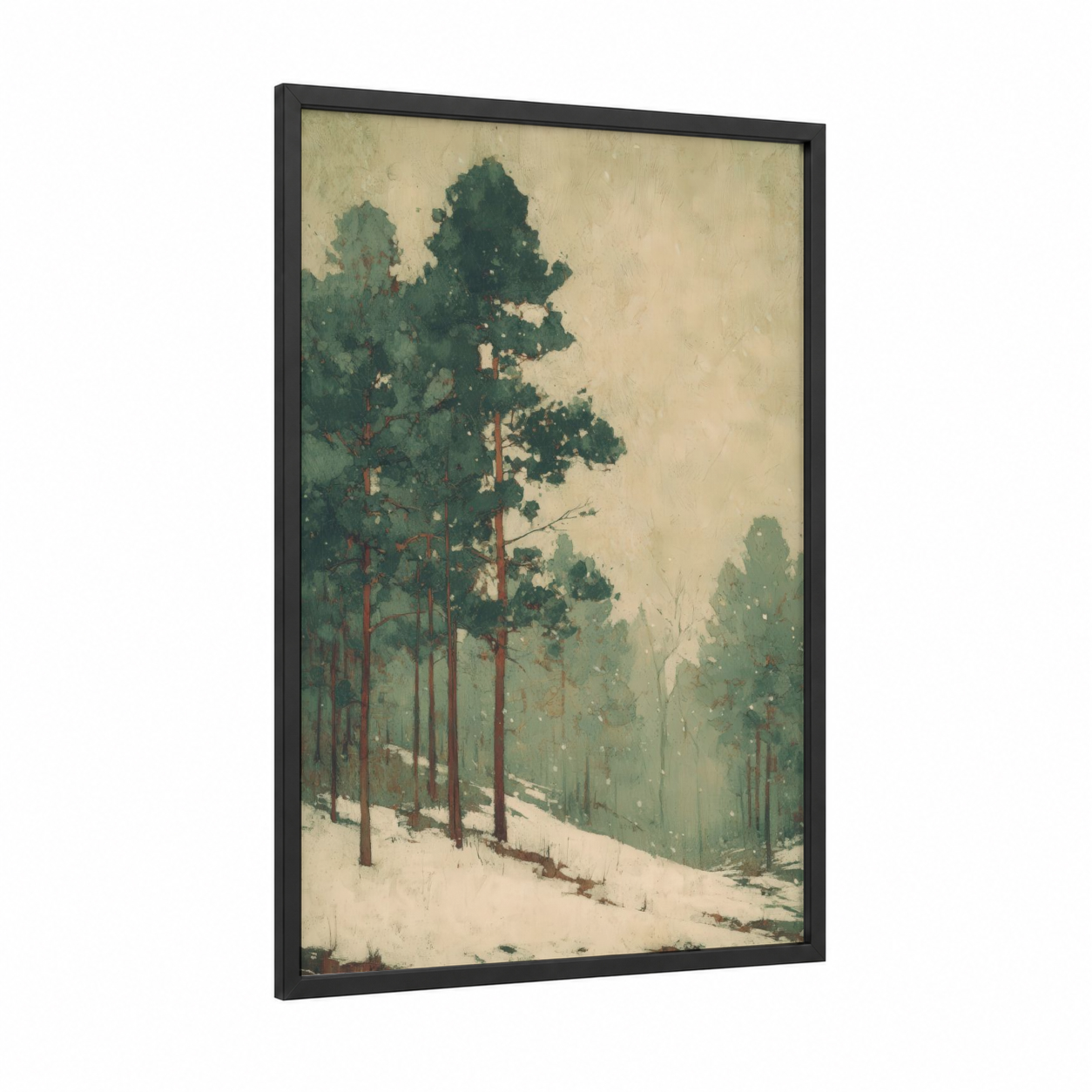 Snowy Cedar Forest framed art print — black wood frame — cream and sage green palette