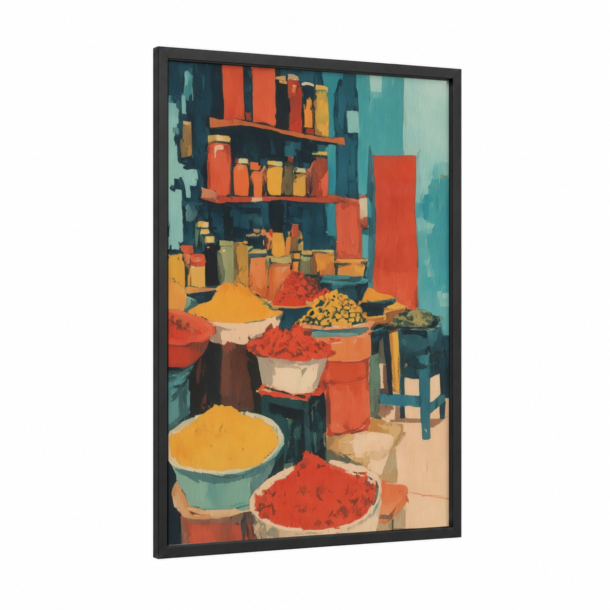 Spice Market Stall framed herbs and spices print — black wood frame — orange and teal palette