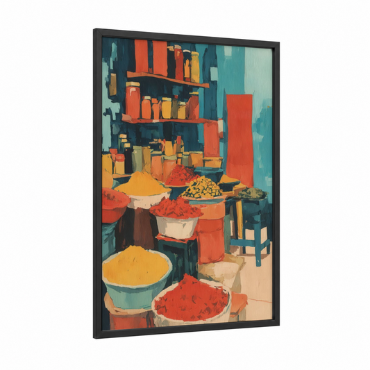 Spice Market Stall framed herbs and spices print — black wood frame — orange and teal palette