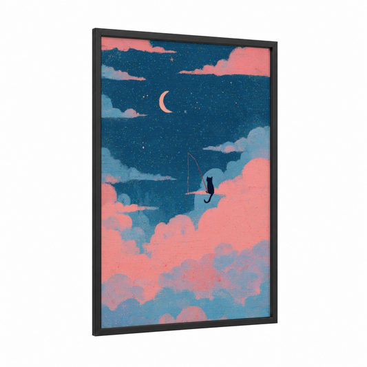 Moonlit Dreamer framed art print — black wood frame — teal and salmon pink palette