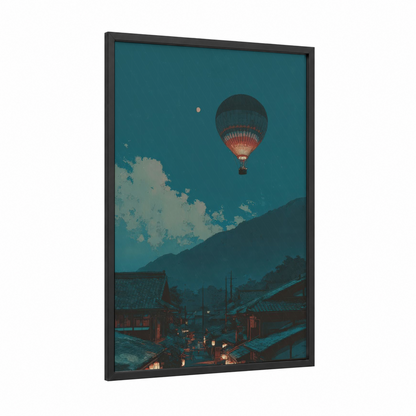 Crimson Ascent framed hot air baloon print — black wood frame — teal and salmon pink palette