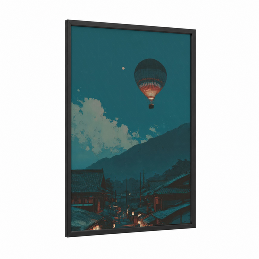 Crimson Ascent framed hot air baloon print — black wood frame — teal and salmon pink palette