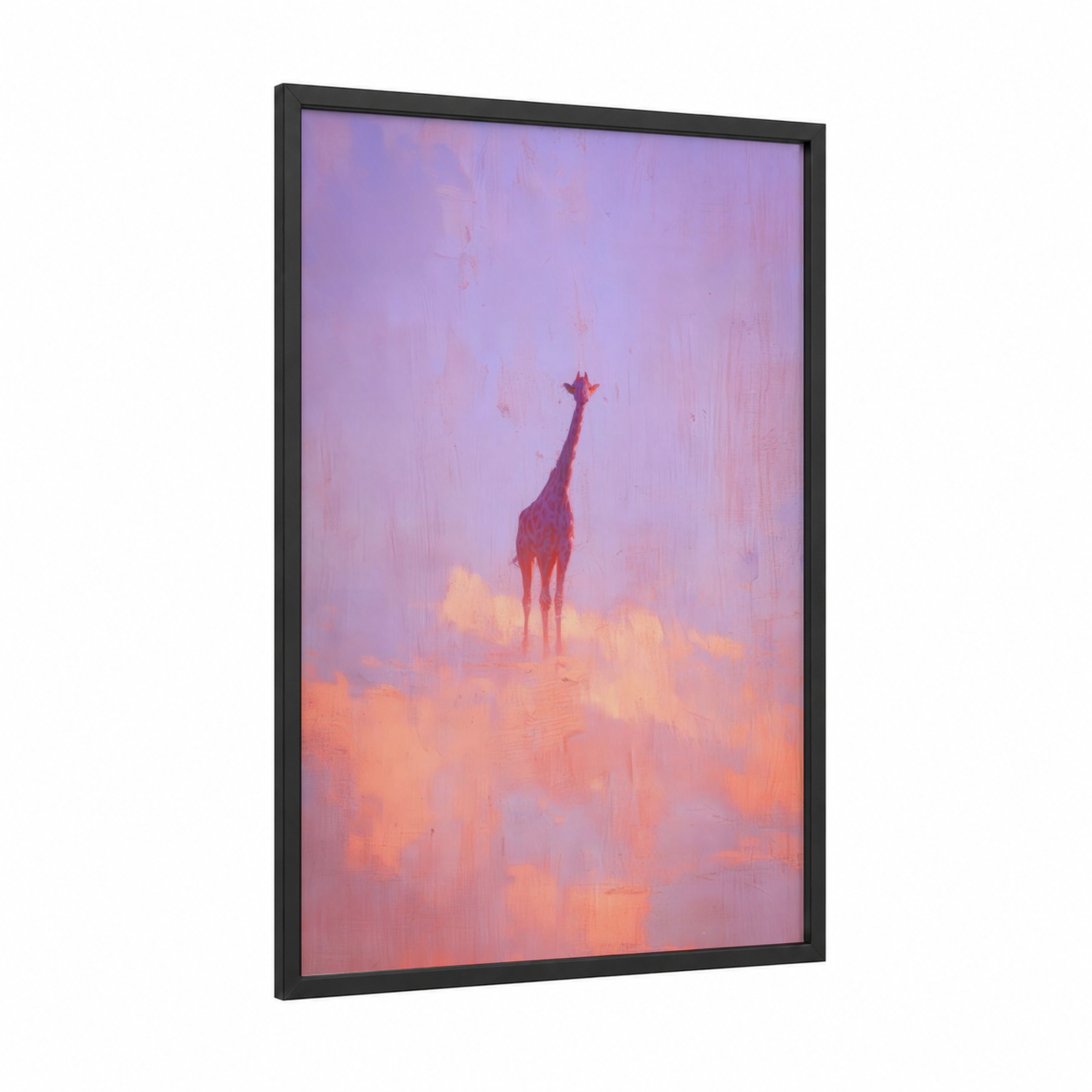 Dreamy Giraffe framed art print — black wood frame — lavender and peach palette