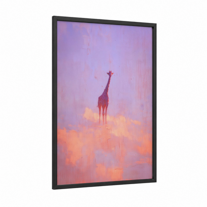 Dreamy Giraffe framed art print — black wood frame — lavender and peach palette